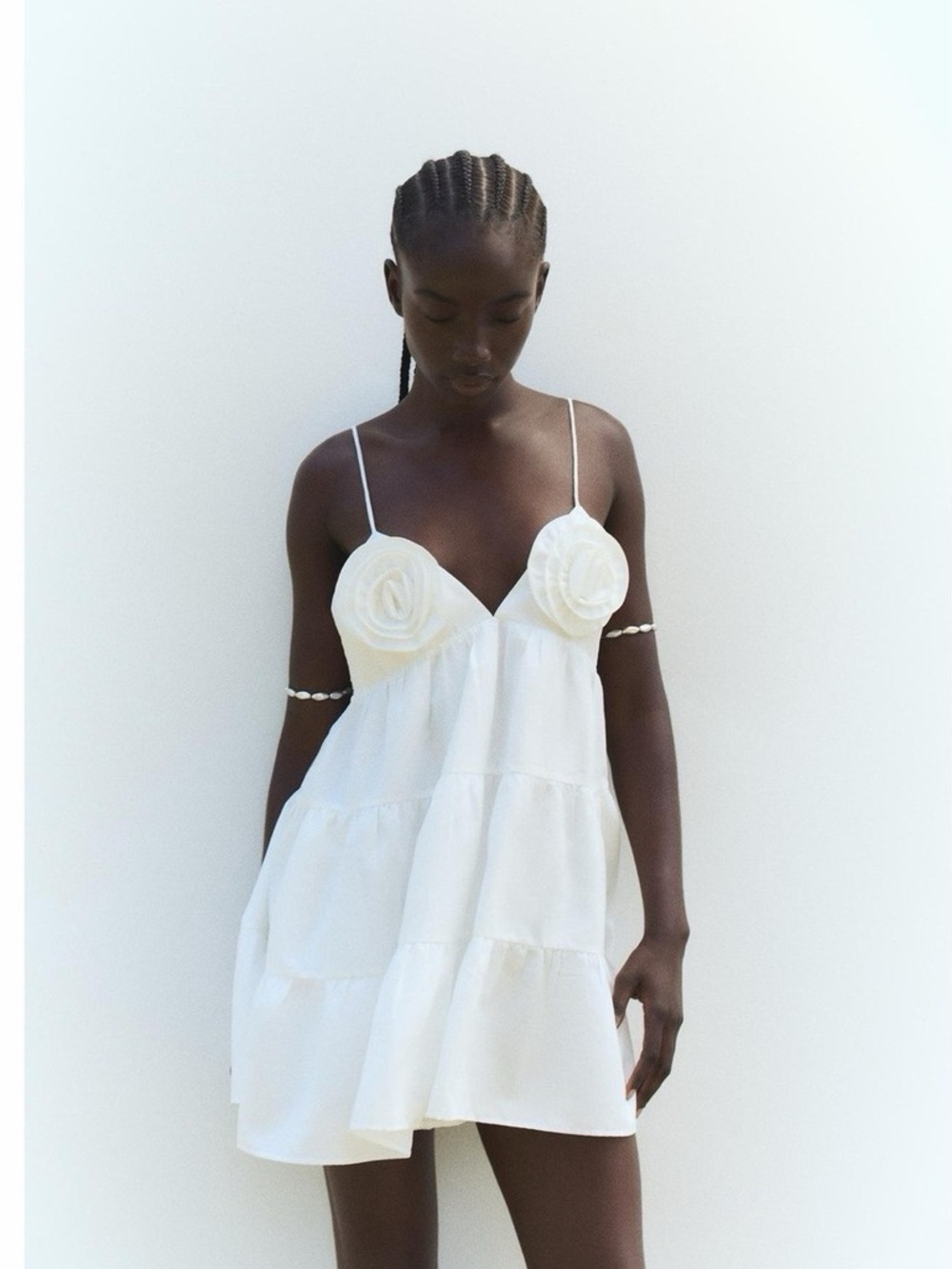 Zara White Tiered Floral Appliqué Mini Dress